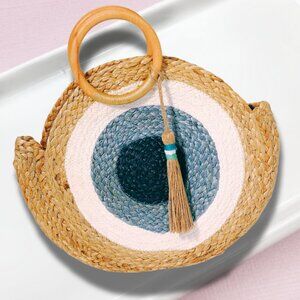 NEW Evil Eye Mango Wood Handle Tassel Round Sustainable Straw Handbag Boho Tote